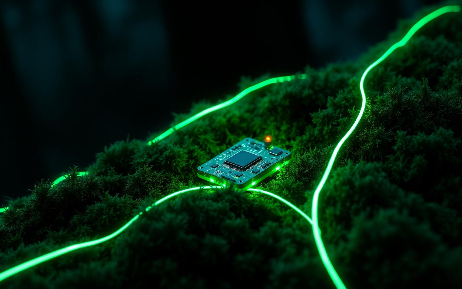 Glowing circuit board merging with a digital landscape